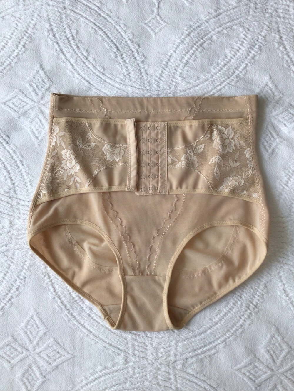 High-Waist Shaping Briefs NWOT with Floral Mesh Panels - Beige